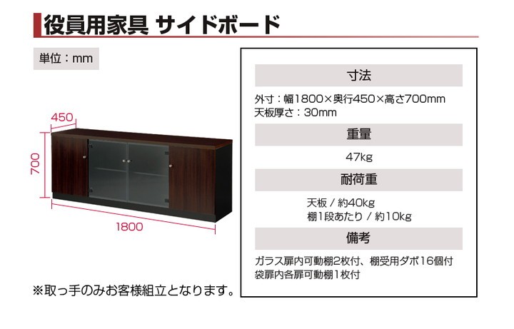 PJE役員用家具 サイドボード 幅1800×奥行450×高さ700mm ダークブラウン