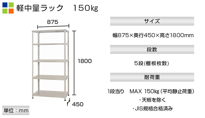 スチールラック 収納 業務用 スチール棚 150kg 段 5段 幅875×奥行450