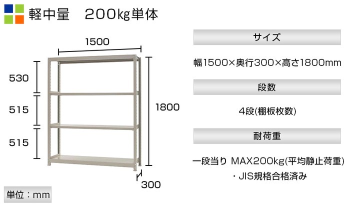 本体 スチールラック 収納 業務用 軽中量 200kg-単体 4段 幅1500×奥行