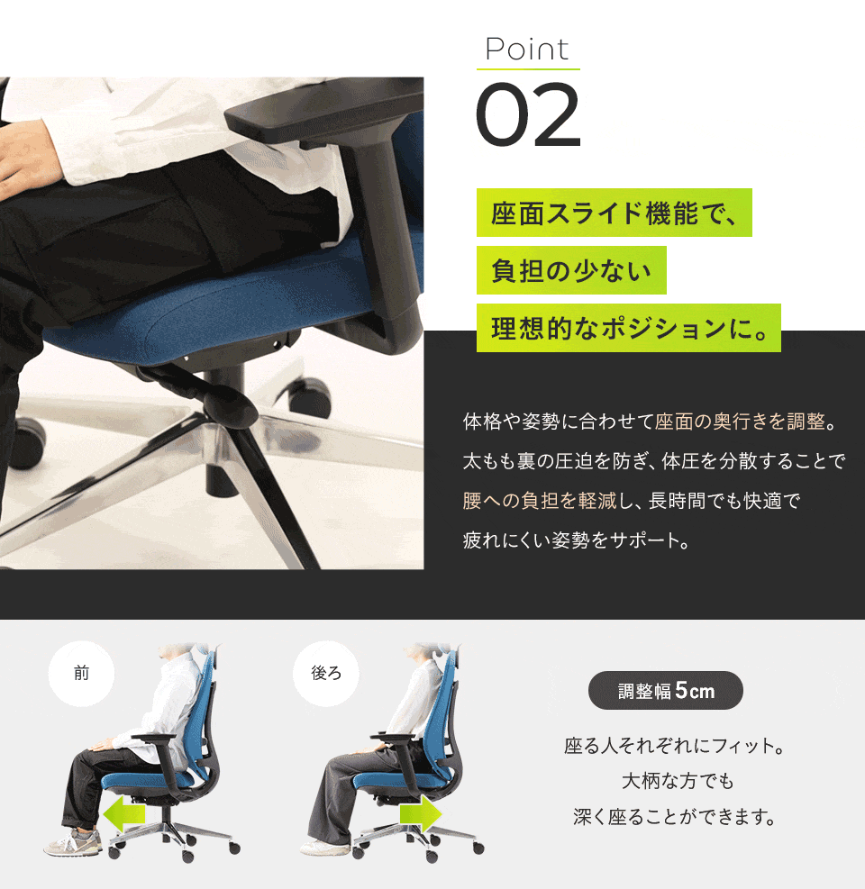 座面スライド調整レバーの操作イメージ。体格に合わせて座面の奥行きを変え、太もも裏の圧迫を防ぐ。