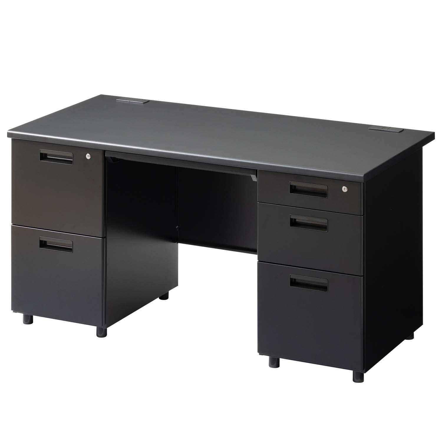 法人様限定 スチールデスク ブラック EX 両袖机 オフィスデスク 引き出し 幅1400×奥行700×高さ720mm 配線穴 事務机 ビジネスデスク パソコンデスク | オフィスコム | 01