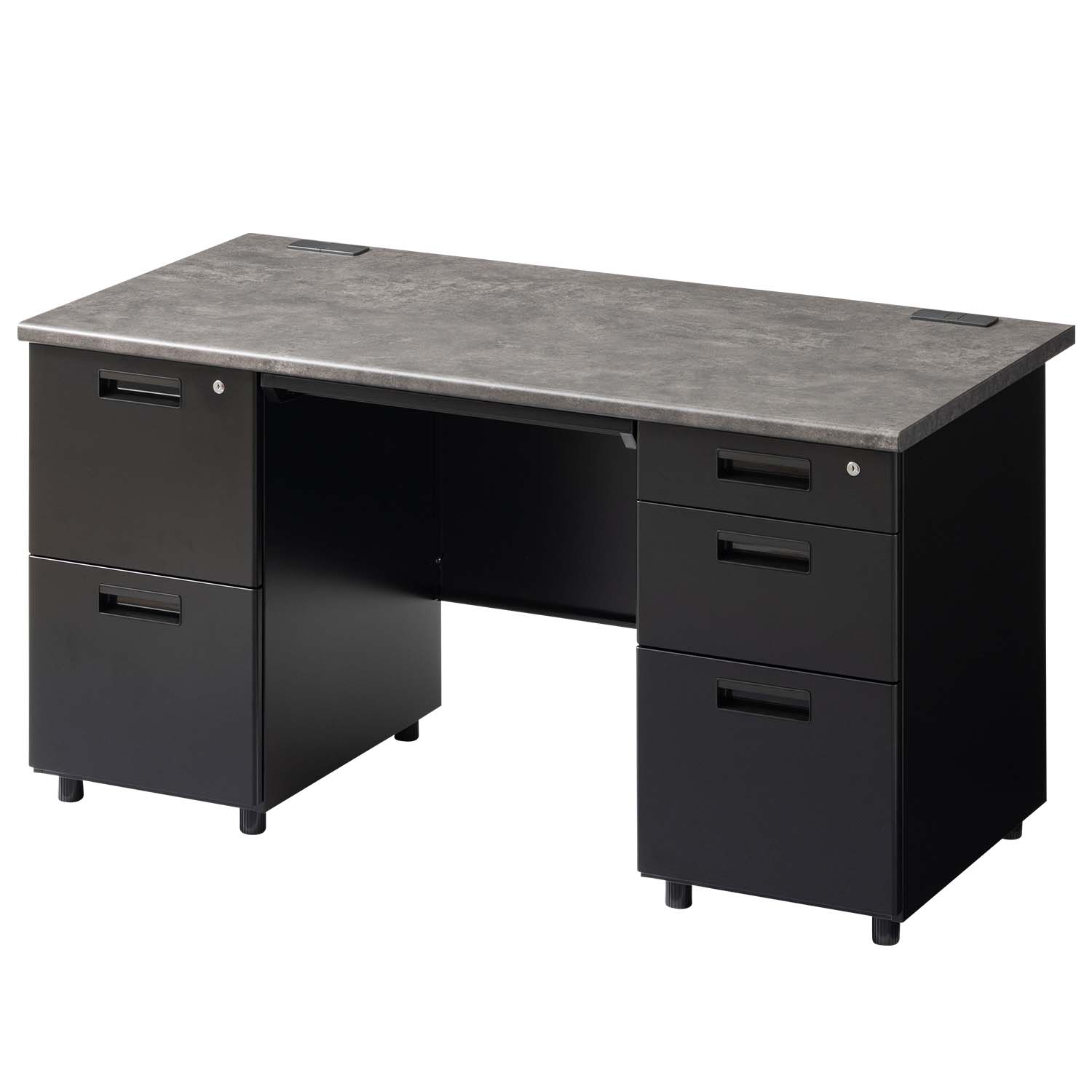 法人様限定 スチールデスク ブラック EX 両袖机 オフィスデスク 引き出し 幅1400×奥行700×高さ720mm 配線穴 事務机 ビジネスデスク パソコンデスク | オフィスコム | 02