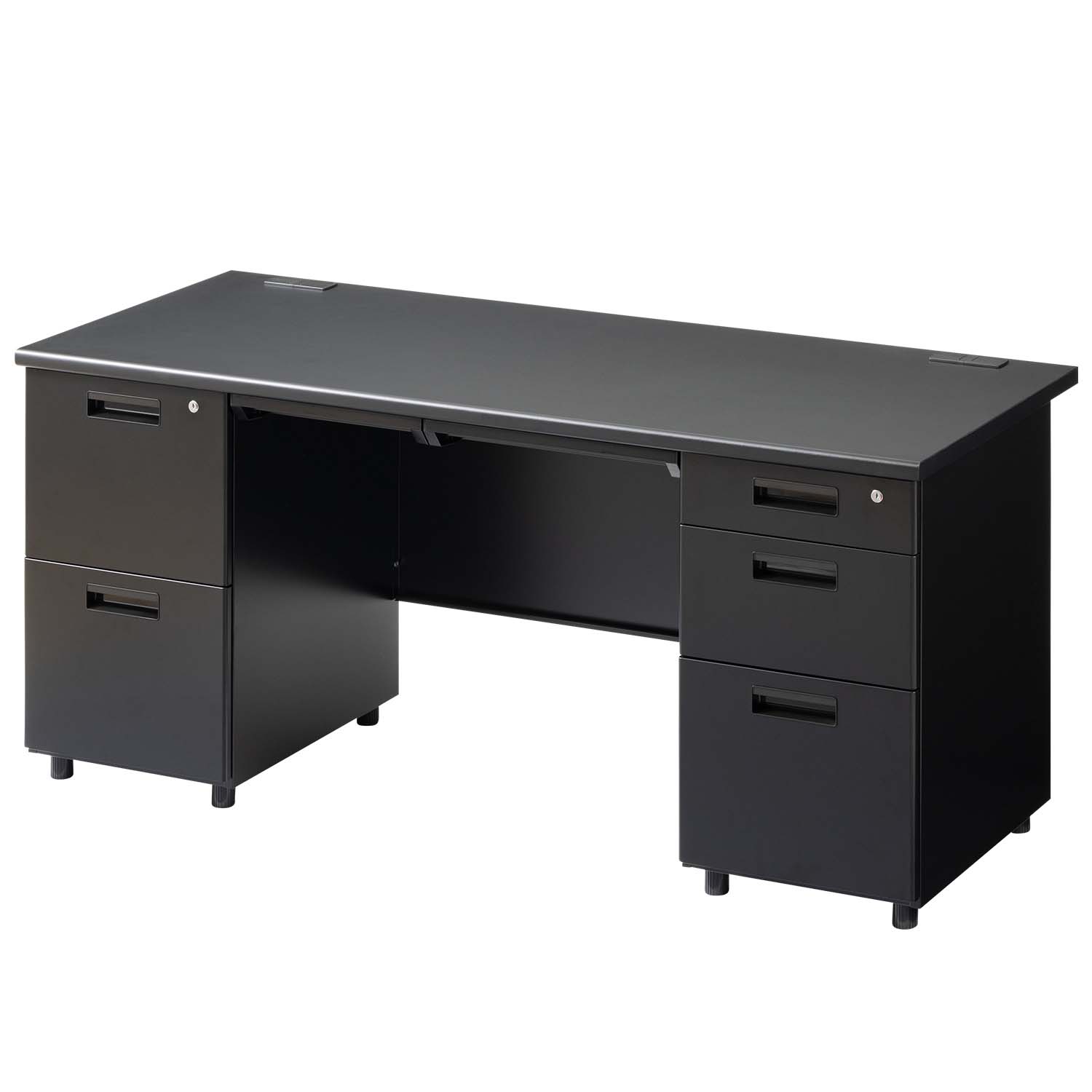 法人様限定 スチールデスク ブラック EX 両袖机 オフィスデスク 引き出し 幅1600 奥行700 高さ720 配線穴 事務机 ビジネスデスク | オフィスコム | 01