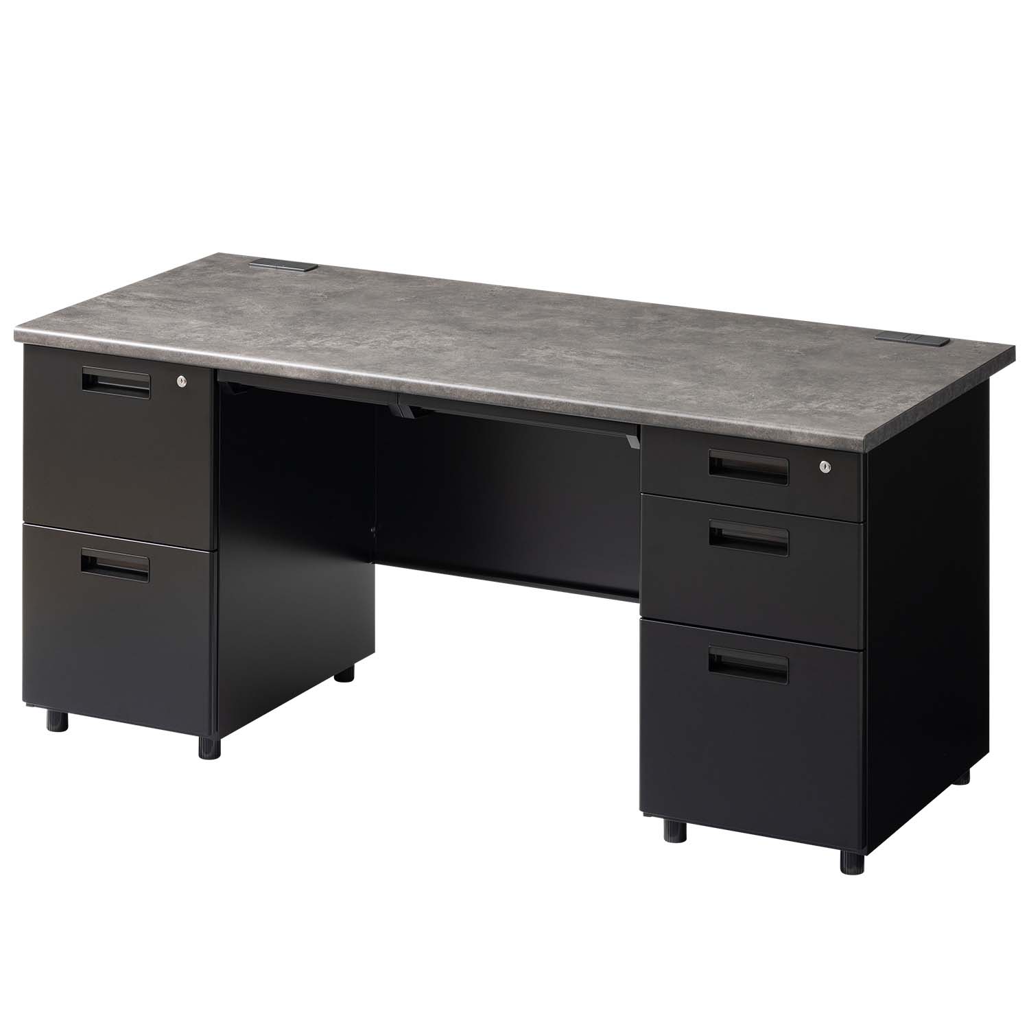 法人様限定 スチールデスク ブラック EX 両袖机 オフィスデスク 引き出し 幅1600 奥行700 高さ720 配線穴 事務机 ビジネスデスク | オフィスコム | 02