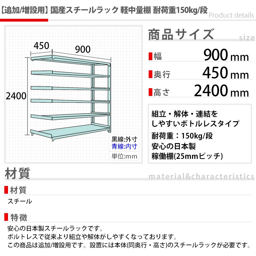 追加 増設用 国産スチールラック 収納 業務用 軽中量棚150kg 段 増設