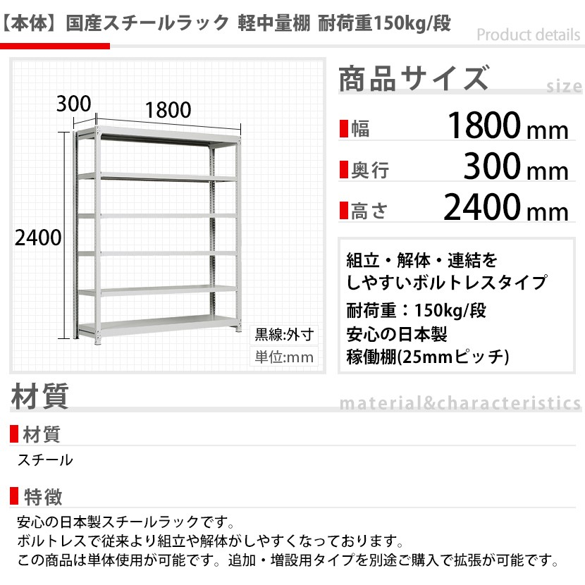 本体 国産スチールラック 収納 業務用 軽中量棚150kg 段 単体