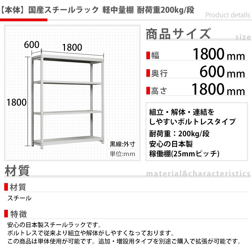 軽中量ラック 耐荷重200kgタイプ 4段 アイボリー 単体 間口900×奥行450×高さ2100mm 2022 単体