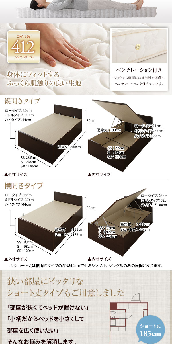 お客様組立 収納 ベッド 通常丈 セミダブル 跳ね上げ式 横開き ロー