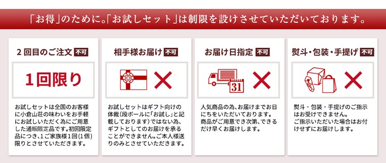 「お得」のために。「お試しセット」は制限を設けさせていただいております。
