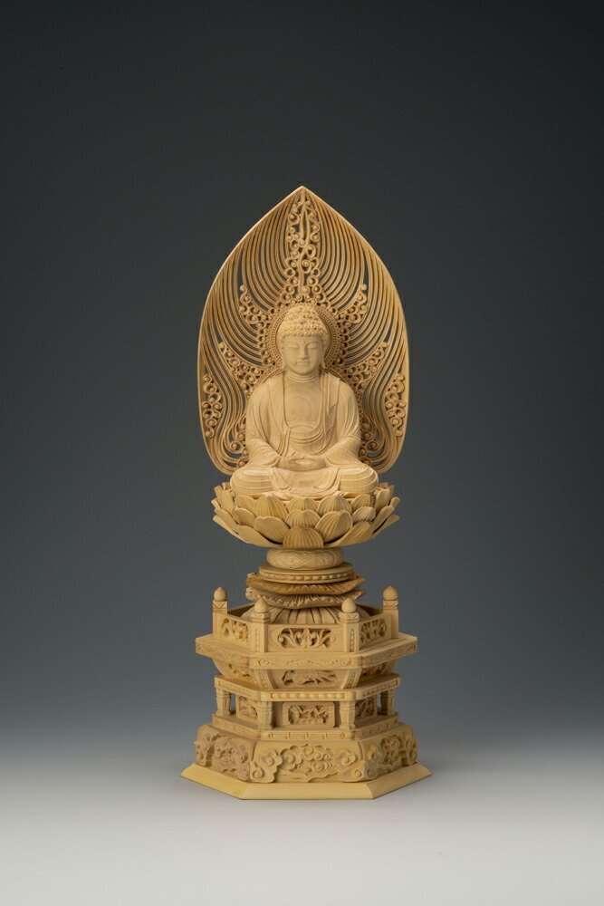 水煙光背 釋迦如来像本金箔六角台座 本柘植六角台 水煙光背釈迦 3.0寸 21-4 仏像 木彫り フィギュア