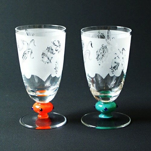 鈴木淳子 創作彫刻ガラス工芸 フリーグラスペア グリーン／オレンジ