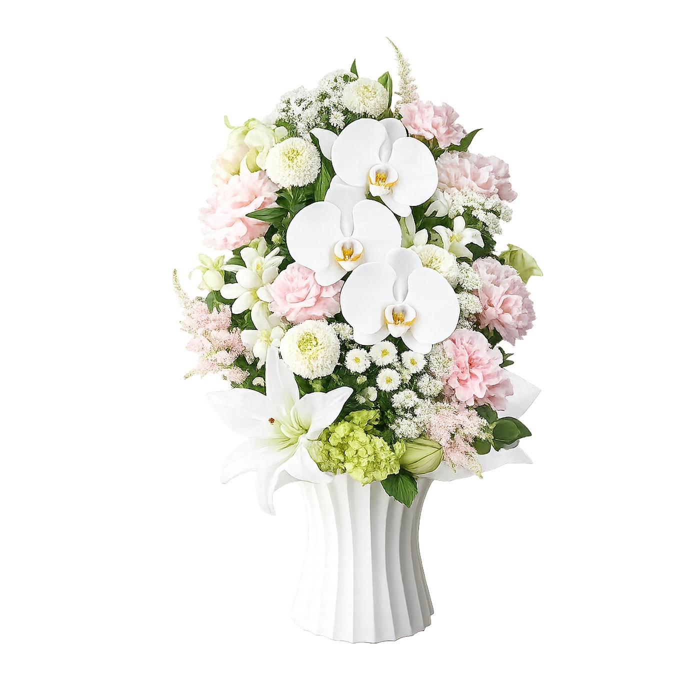 仏花、お供え花、ピンク胡蝶蘭アレンジ　初盆　法事 プリティ マーメイド お盆 お供え 胡蝶蘭仕立て 睦月 アレンジメント