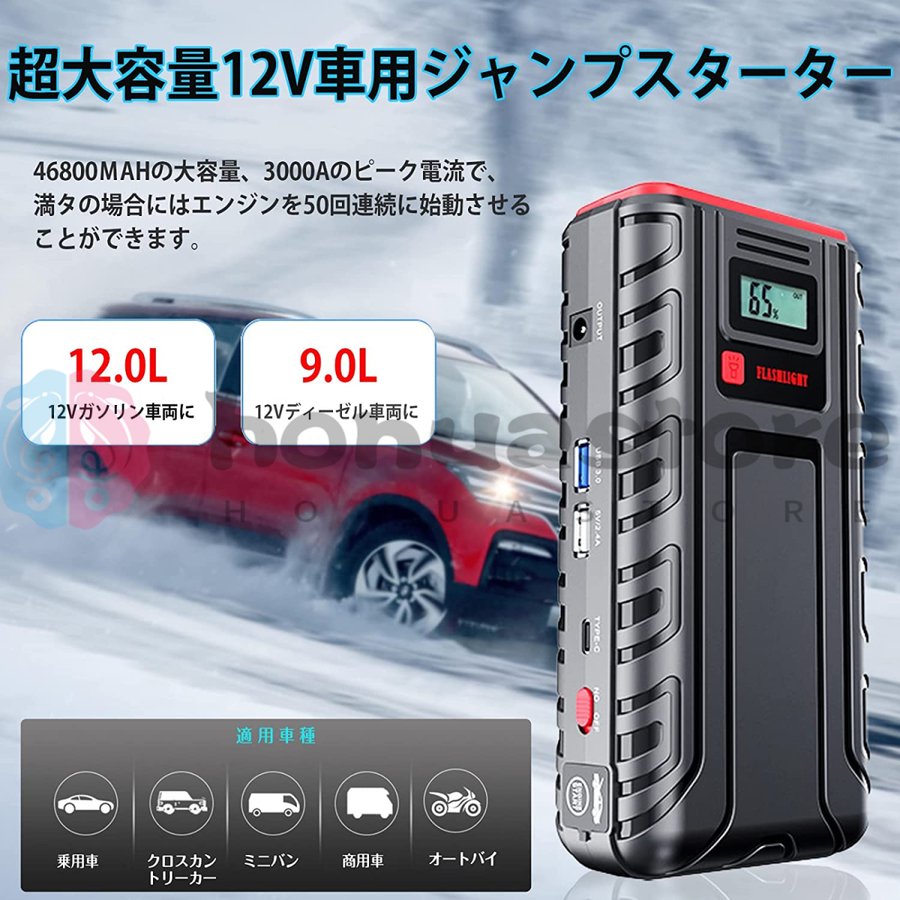 ジャンプスターター 12V車用エンジンスターター 30000mAh大容量 車緊急