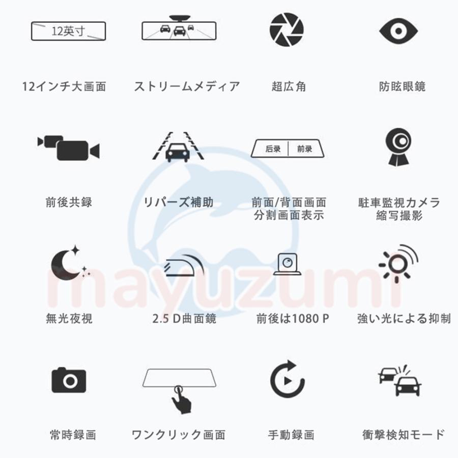 ドライブレコーダー ミラー 前後 2カメラ 12インチ GPS機能搭載 国産車