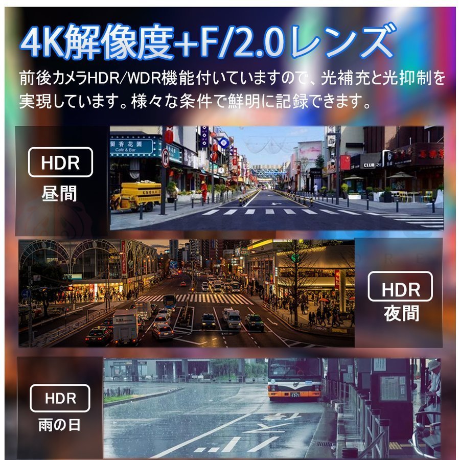 ドライブレコーダー 前後 2カメラ 12インチ ミラー 超高画質 2K 4K