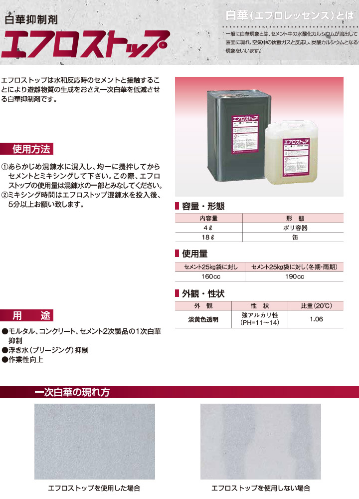エフロストップ 4L ヤブ原産業 白華 白華抑制剤 エフロレッセンス
