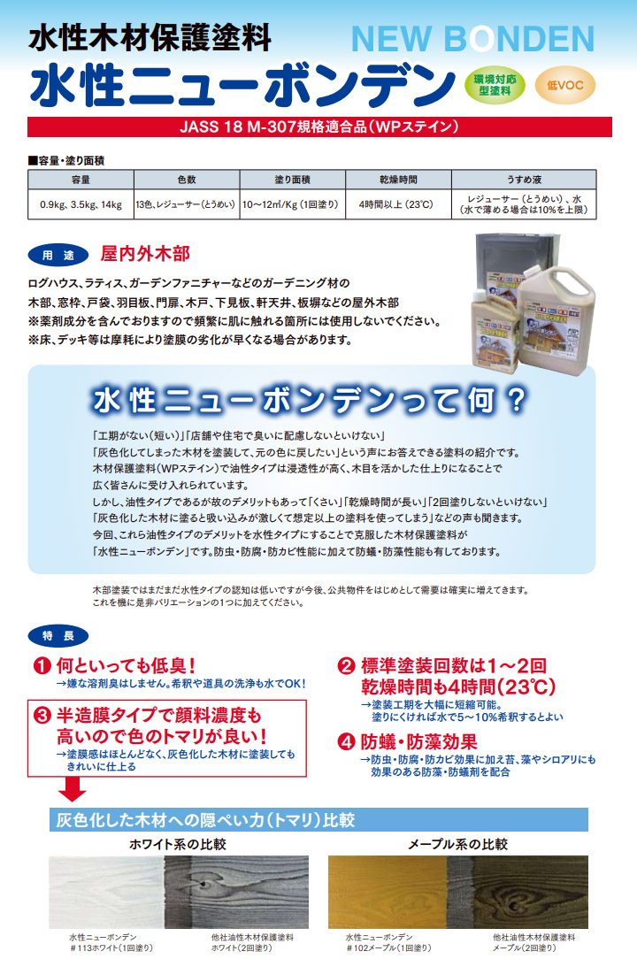 水性ニューボンデン　#111　ウォルナット　14kg(約140平米/1回塗り)　大阪塗料工業 カクマサ 水性オイルステイン 木材保護塗料 防蟻  シロアリ JASS18M-307