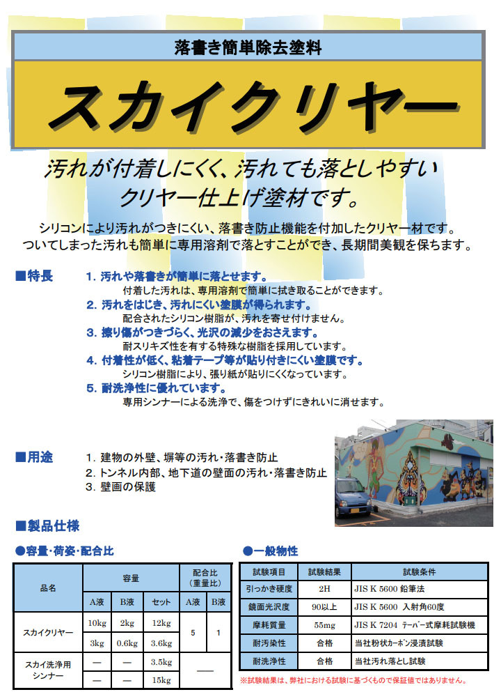 スカイクリヤー 12kgセット(約100平米/1回塗り) クリヤー塗材/2液/シリコン/落書き防止機能/外壁/壁画/耐洗浄性/耐スリキズ性/東日本塗料  : skyclear-12 : 大橋塗料 Yahoo!店 - 通販 - Yahoo!ショッピング