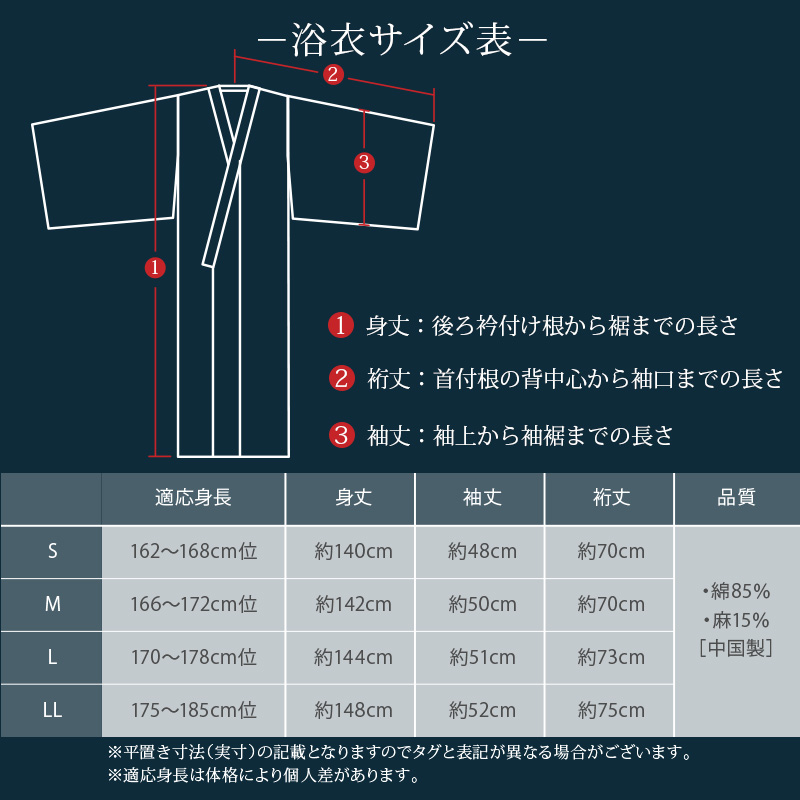 メンズ 浴衣 単品 綿麻 無地 しじら S M L LL 男性浴衣 黒 白 紺 灰 