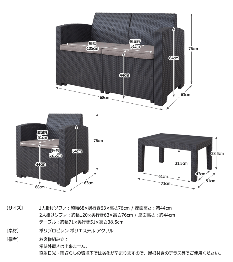 ガーデンソファセット ガーデンセット ソファセット 1人掛け 2人掛け