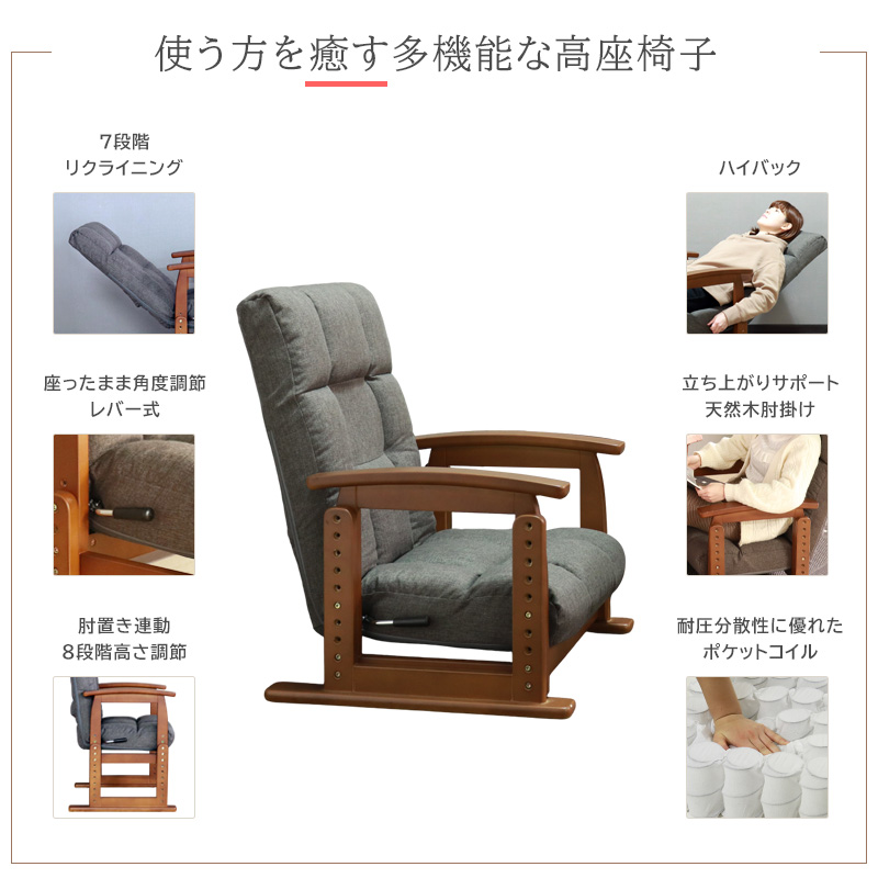 座椅子 高座椅子 ダイニングチェア 肘 リクライニング ハイバック