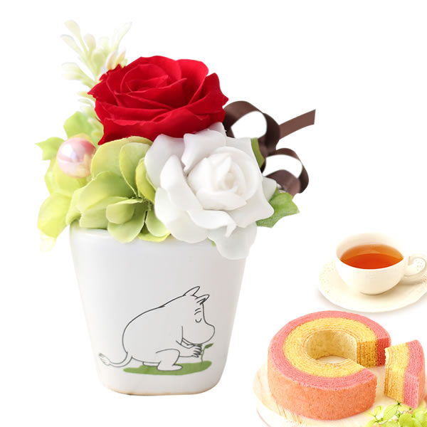 誕生日プレゼント お祝い プレゼント ムーミン ギフト 花 花とスイーツ プリザーブドフラワー 洋菓子 お菓子 バラ 女性 40代 50代 60代 70代 | おいもや | 01