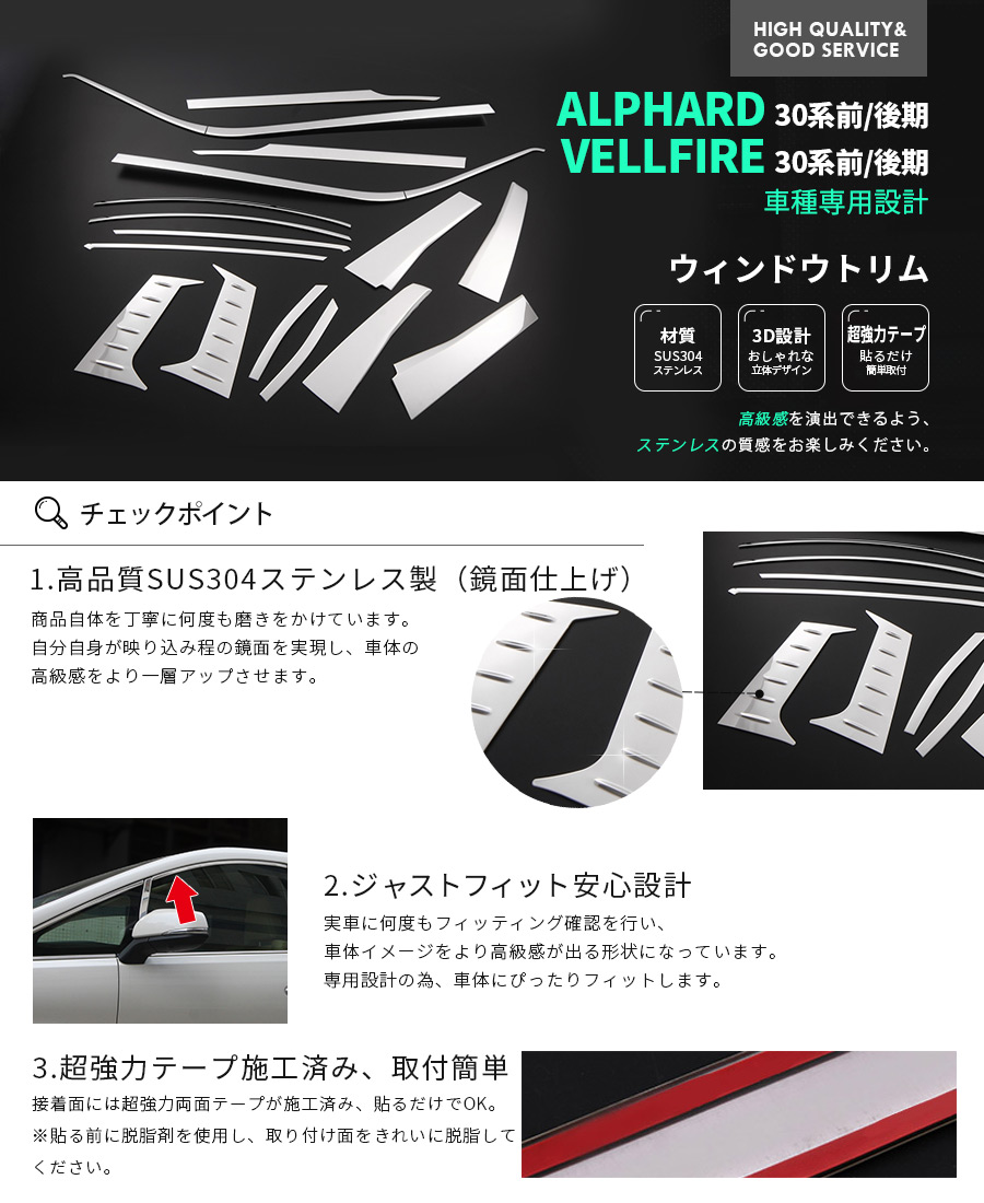 アルファード/ヴェルファイア 30系 バイザー無し車用 ウィンドウトリム
