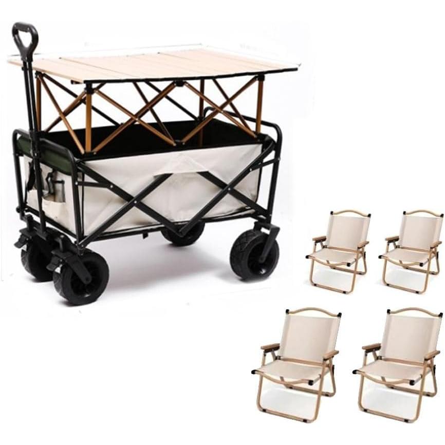 キャリーカート　椅子4脚付き　大型タイヤ　高耐荷重　折りたたむ　キャリーワゴン　子供　クイックキャンプ　100kgキャリーワゴン　キャンプわごん　兼テーブル　洗濯が簡