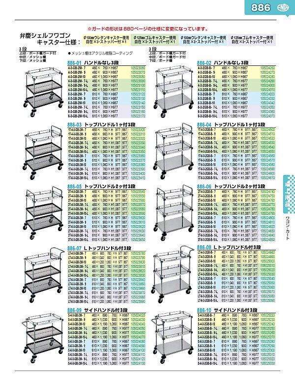 886-10 弁慶シェルフワゴン サイドハンドル付3段 S-4-3-2GB-B-9-L