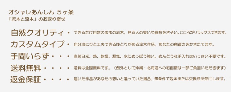 流木専門店「流木と流木」のお取り寄せのオシャレあんしん5か条。1自然クオリティ＝できるだけ自然のままの流木。見る人の笑いや哀愁をさそい、こころがリラックスできます。 2カスタムタイプ＝自分流にひと工夫できるゆとりがある流木作品。あなたの創造力をかきたてます。 3手間いらず＝直射日光、熱、乾燥、湿気、水にめっぽう強い。めんどうな手入れはいっさい不要です。 4送料無料＝送料は全国無料です。（例外として沖縄・北海道への宅配便は一部ご負担いただきます） 5返金保証＝届いた作品があなたの想いと違っていた場合、無条件で返金または交換をお受けします。