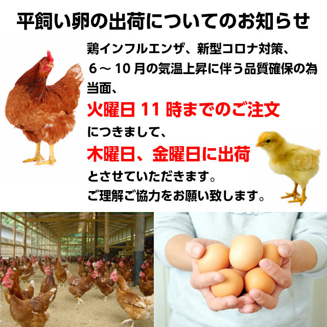 「平飼いたまご」出荷日に関するお願い。毎週火曜日までのご注文につきまして、同週木、金に出荷いたします。