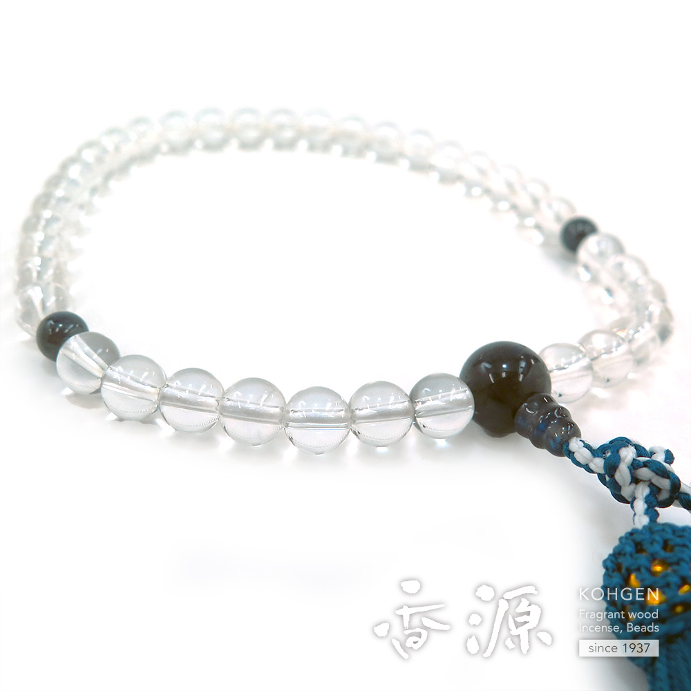女性用のお数珠 水晶 7mm玉 ブラックラブラドライト仕立て 限定品 : 香 