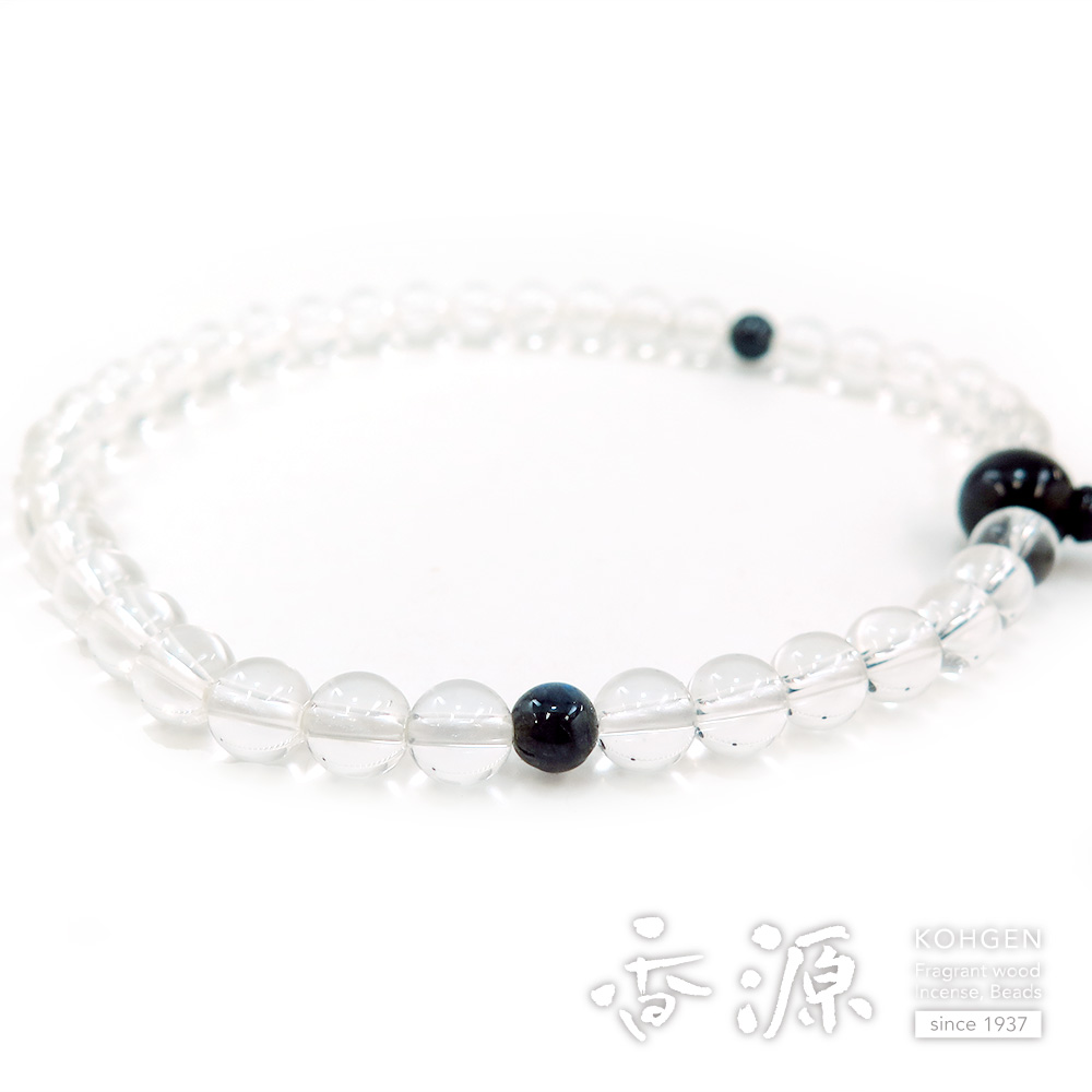 女性用のお数珠 水晶 7mm玉 ブラックラブラドライト仕立て 限定品 : 香 