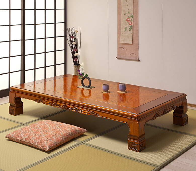 座卓 テーブル 和室 座敷机 日本製 幅180ｃｍ 栓 突板 セン センノキ 木製 【幕板・脚に彫刻を施した和風座卓です】