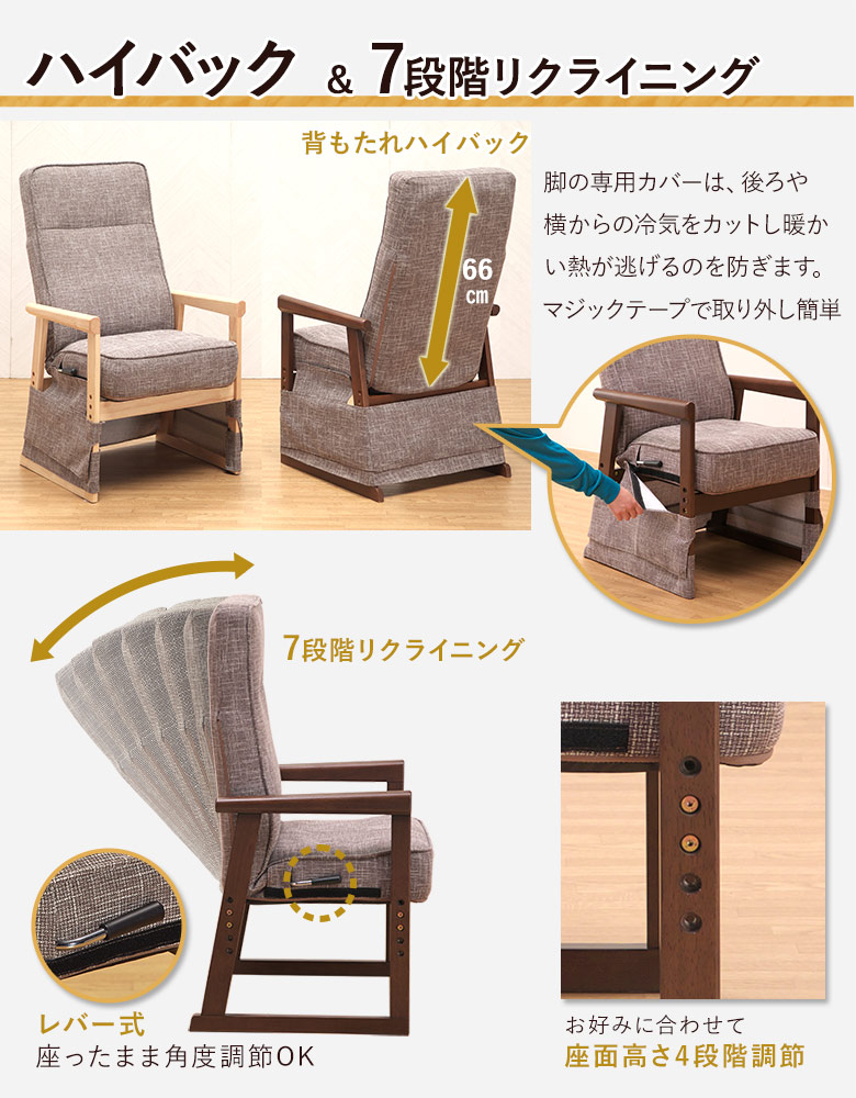 ハイバック仕様のリクライニングチェア ダイニングこたつ用 背もたれ7