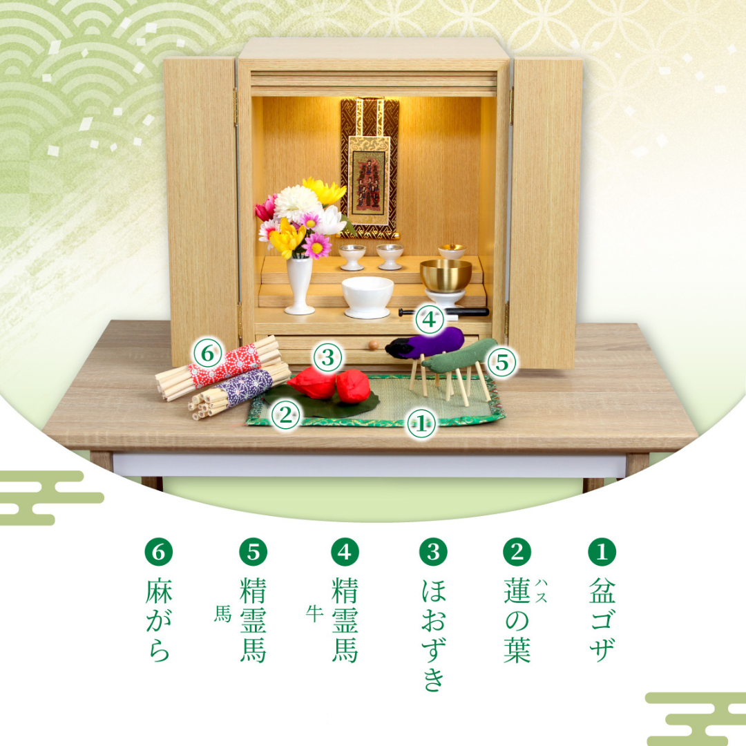 盆ござ　精霊馬　蓮の葉　ほおづき　麻がら