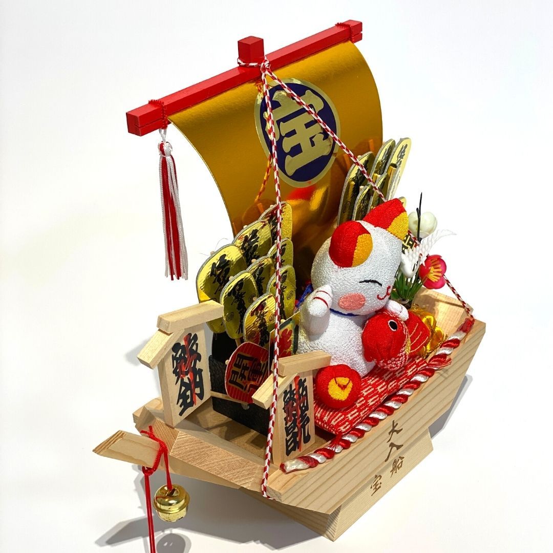 秀〆（HIDESHIME） 熊手 縁起物 宝船 木舟 5号ちりめん猫付 飾り方
