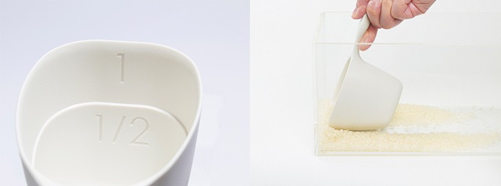 薄縁平で米びつの米が簡単にすくえる。計量が分かりやすい大きなメモリ