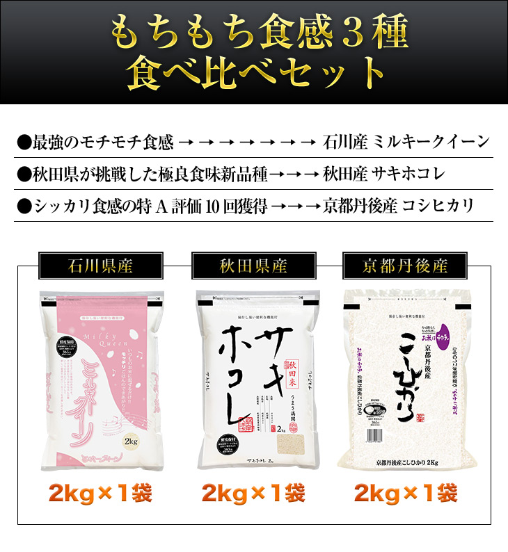 コシヒカリ もちもち食感3種食べ比べ ミルキークイーン＋京都