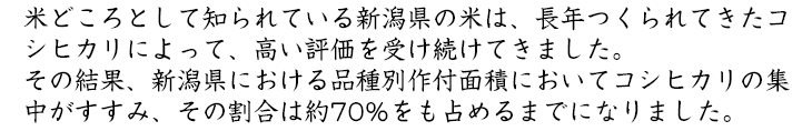 米どころとして知られている新潟県の米は、長年作られてきたコシヒカリによって高い評価を受け続けてきました。
