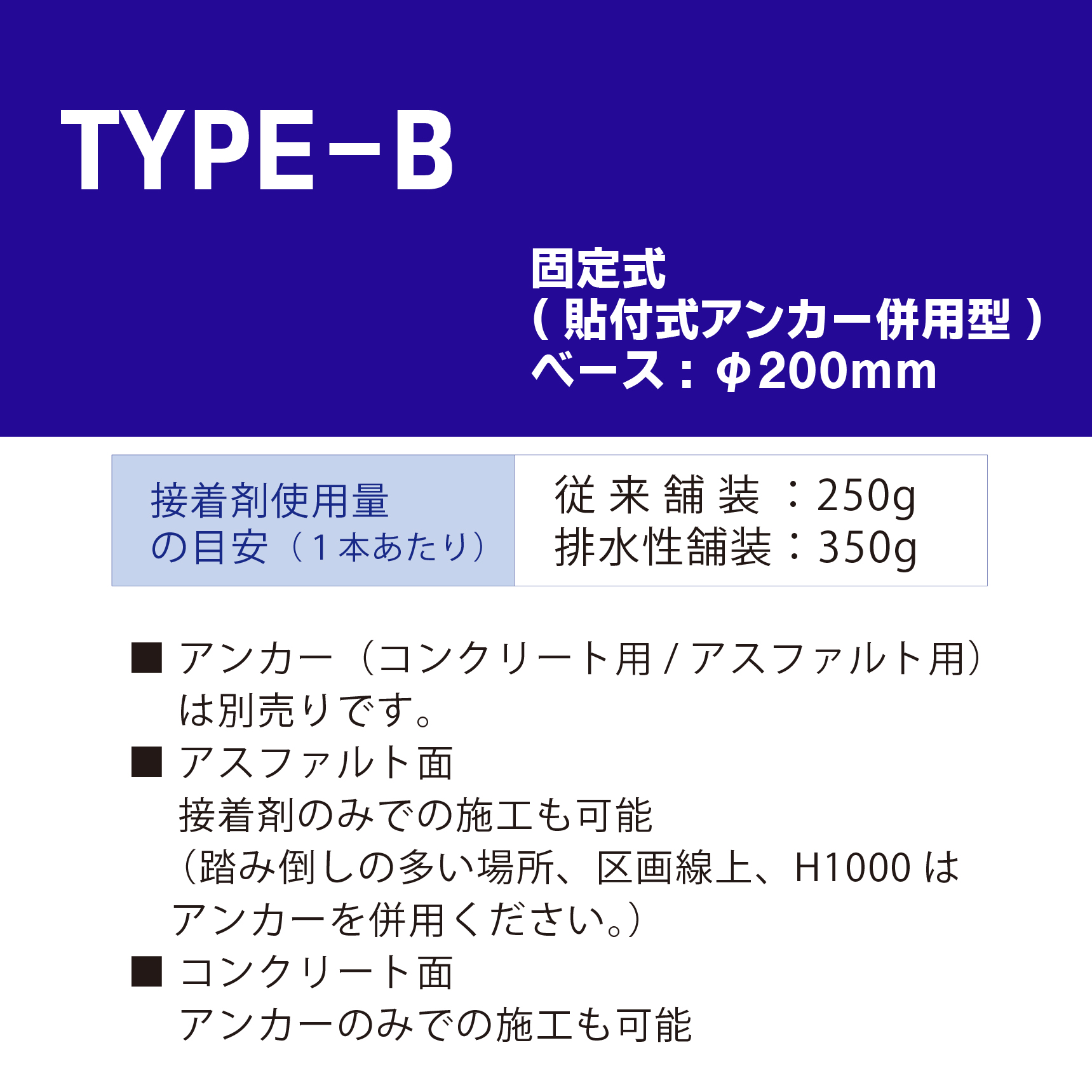 ロードポスト Bタイプ 固定式200台座（貼付式アンカー併用型） 高さ650