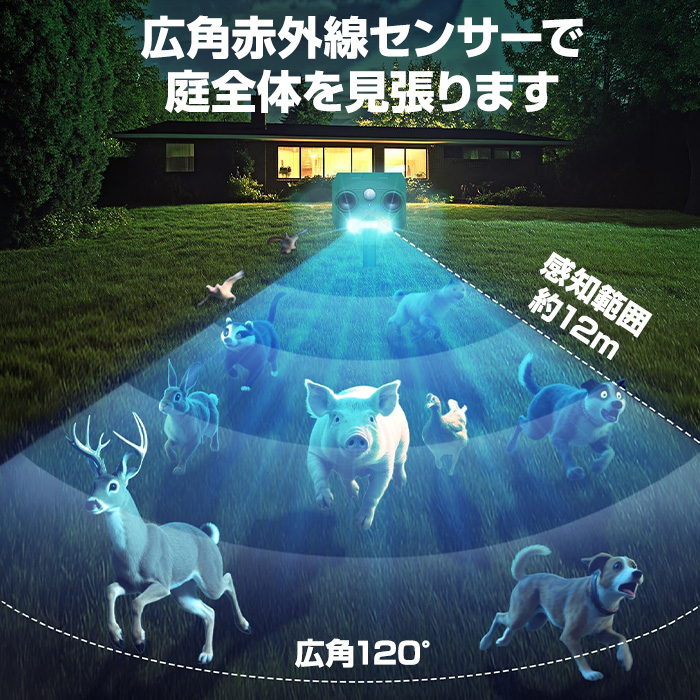 動物撃退器 4個セット 害獣撃退 超音波×閃光 撃退！ソーラー害獣