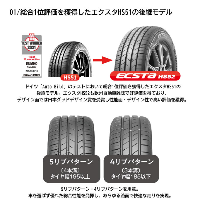 KUMHO TIRE ECSTA HS52(クムホタイヤ エクスタ HS52) 185/55R16  4本セット 法人、ショップは送料無料の画像