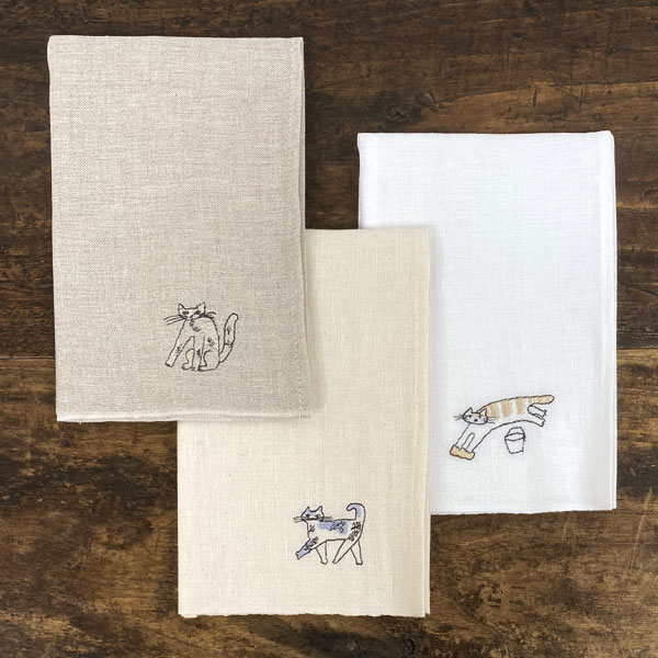 倉敷意匠計画室 トラネコボンボン 小幅リネン刺繍ハンカチ 中西なちお