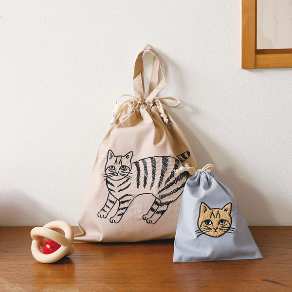 松尾ミユキ エンブロイダード ドローストリングバッグ L 猫グッズ 雑貨