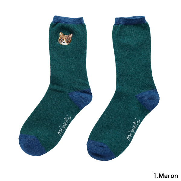 松尾ミユキ ウールブレンドソックス EMB'D-cat 暖かい靴下 猫柄