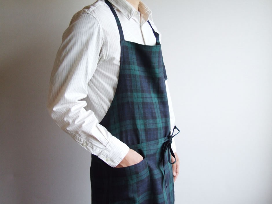 リネン100％ チェック＆ストライプ ブラックウォッチ メンズエプロン