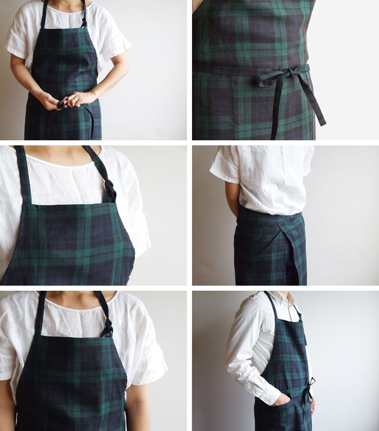 リネン100％ チェック＆ストライプ ブラックウォッチ メンズエプロン