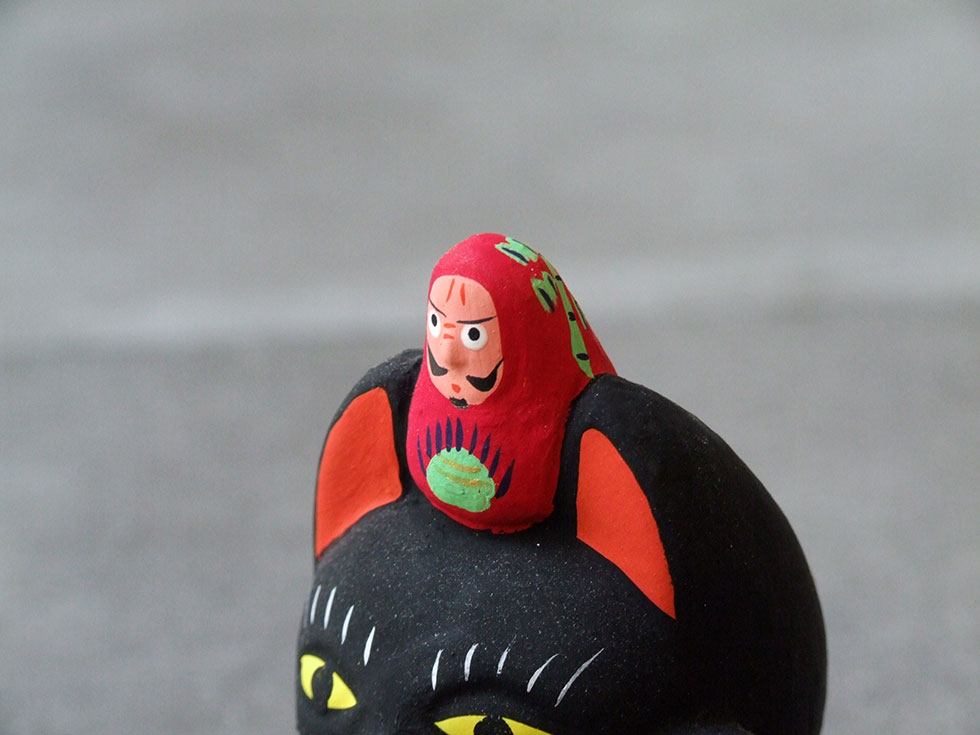 郷土玩具 民藝 福島県 工房千想 達磨乗り招き猫 黒 縁起物 置物 開運