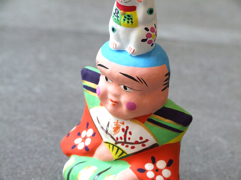 郷土玩具 民藝 福島県 工房千想 福助乗り招き猫 小 縁起物 置物 開運